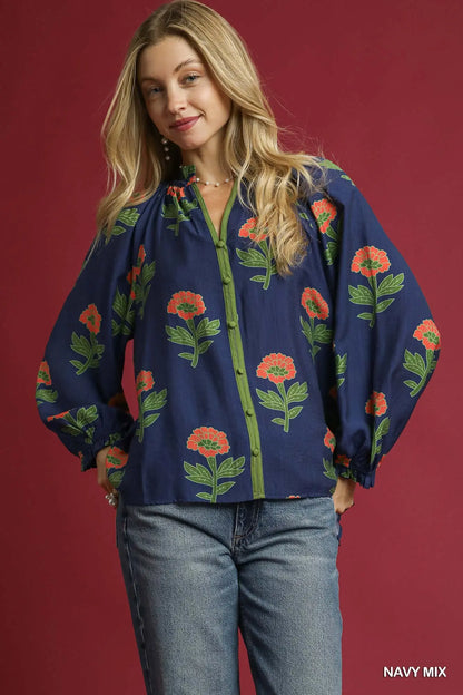Umgee Floral Print Button Front Blouse