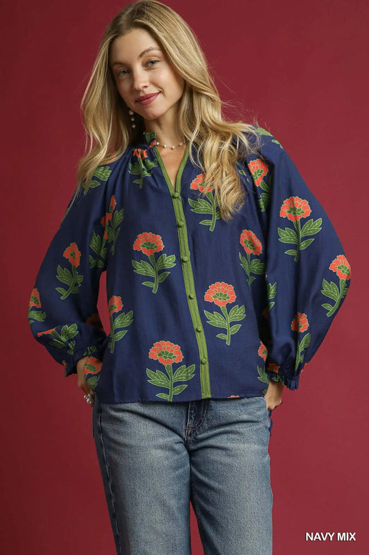 Umgee Floral Print Button Front Blouse