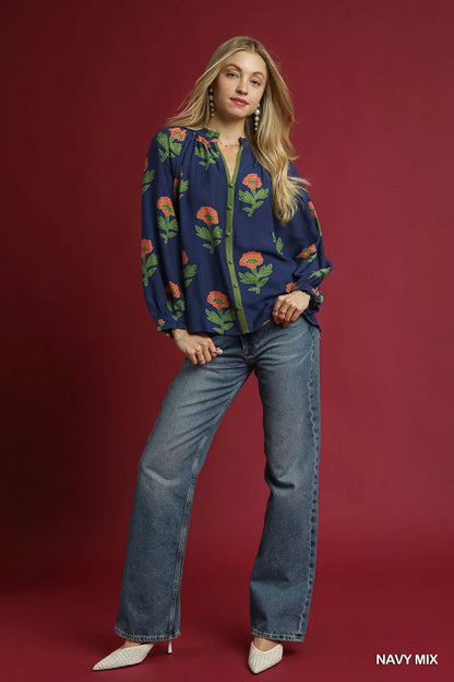 Umgee Floral Print Button Front Blouse