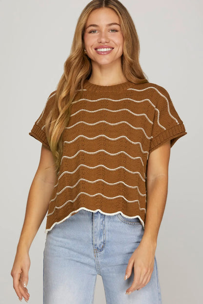 S+S DROP SHORT SLEEVE SCALLOP STRIPED PATTERN KNIT SWEATER TOP