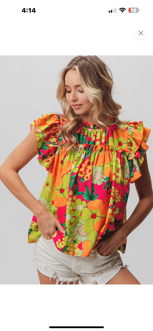 BiBi Layered Ruffle Sleeve Floral Top