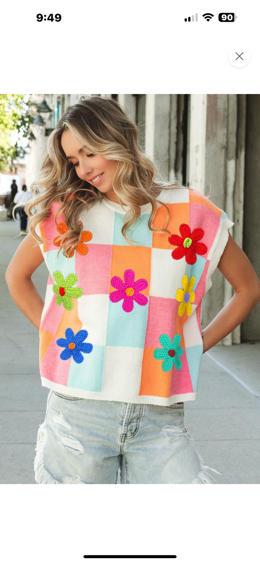 BiBi Flower Patches Multi Color Checker Sweater Vest