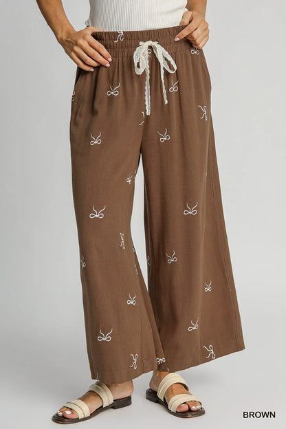 Umgee Embroidery Linen Pull On Bow Pants