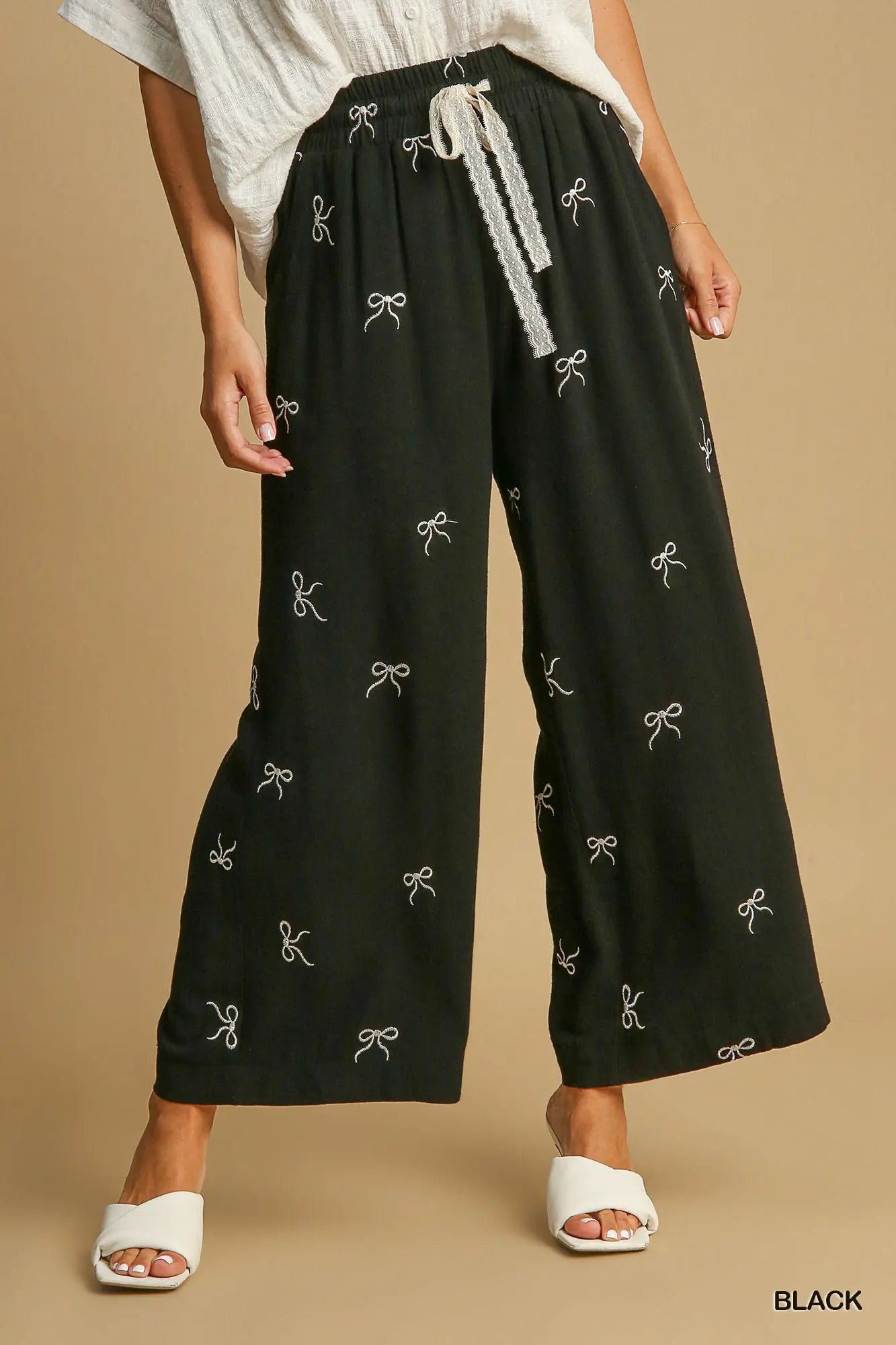 Umgee Embroidery Linen Pull On Bow Pants
