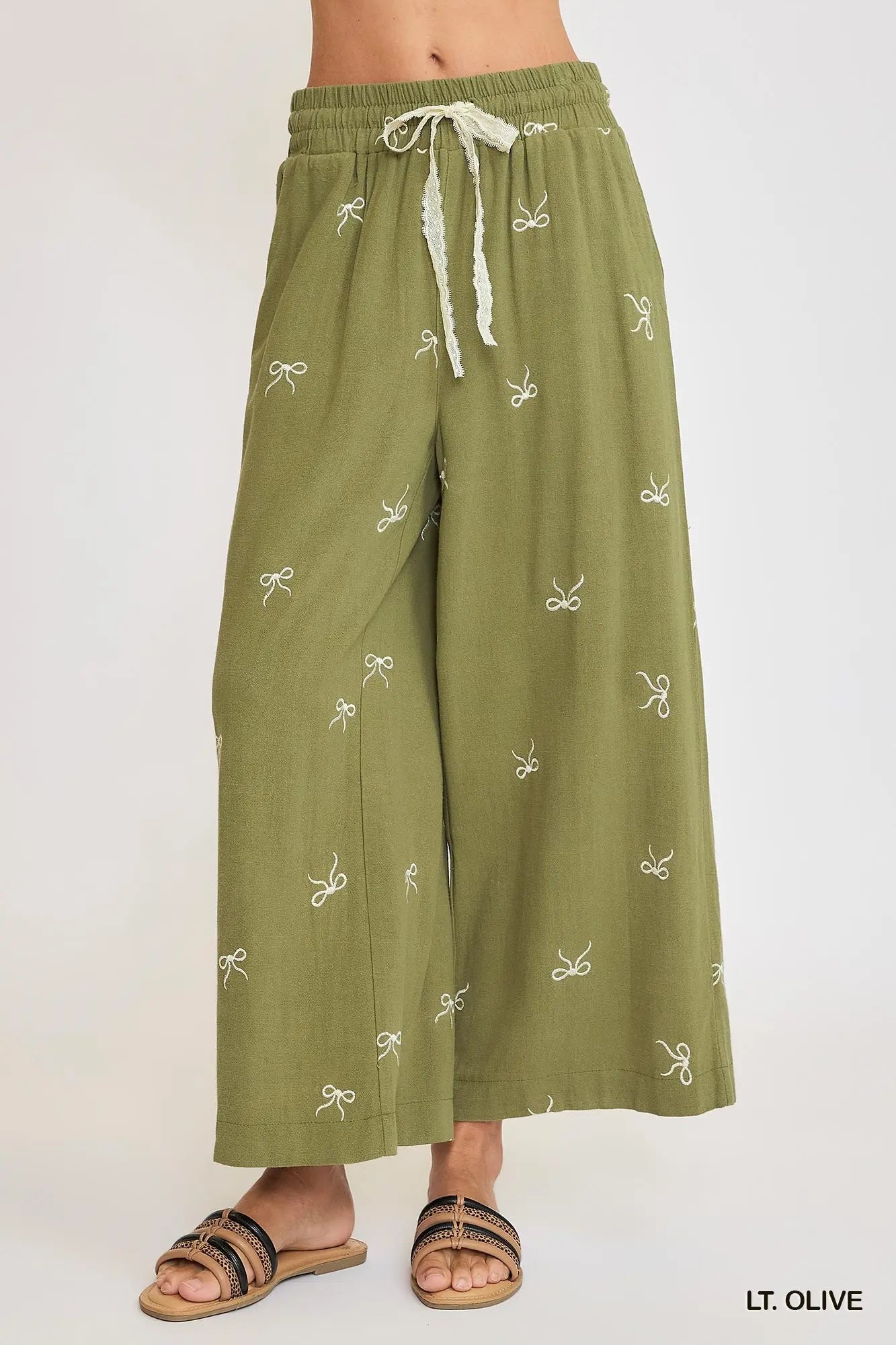 Umgee Embroidery Linen Pull On Bow Pants