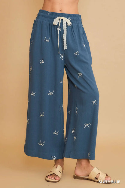 Umgee Embroidery Linen Pull On Bow Pants