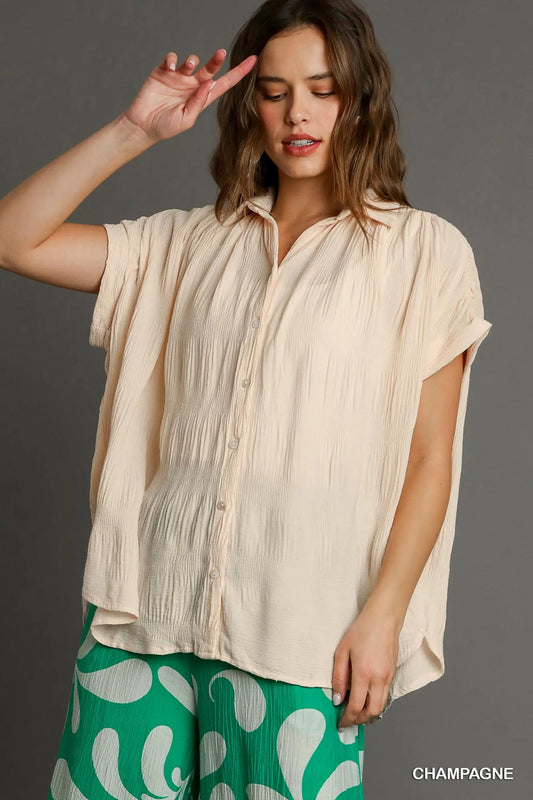 Umgee Smocked Collared Button Down Shirt