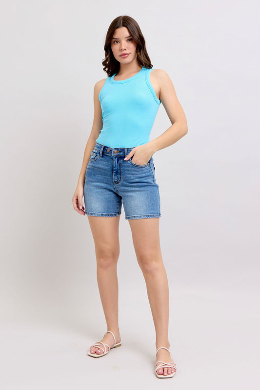 Judy Blue HW 2 Button Mid Length Dad Shorts