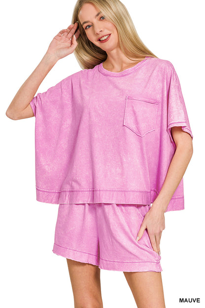Zenana Acid Wash Oversized Top + Shorts Set
