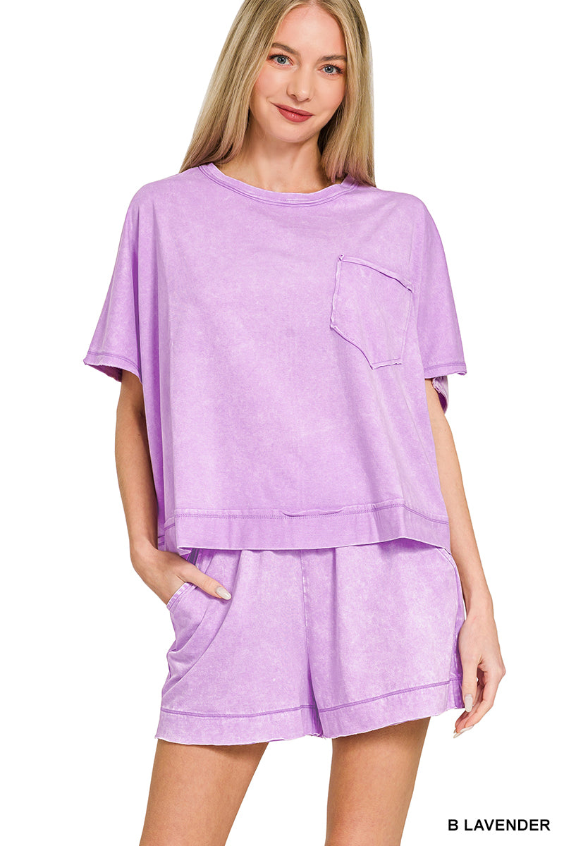 Zenana Acid Wash Oversized Top + Shorts Set