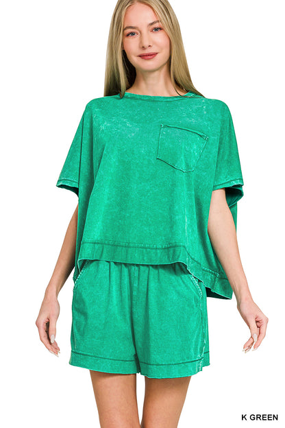 Zenana Acid Wash Oversized Top + Shorts Set
