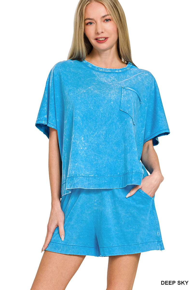 Zenana Acid Wash Oversized Top + Shorts Set