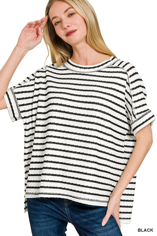 Zenana Striped Jacquard Round Neck Tee