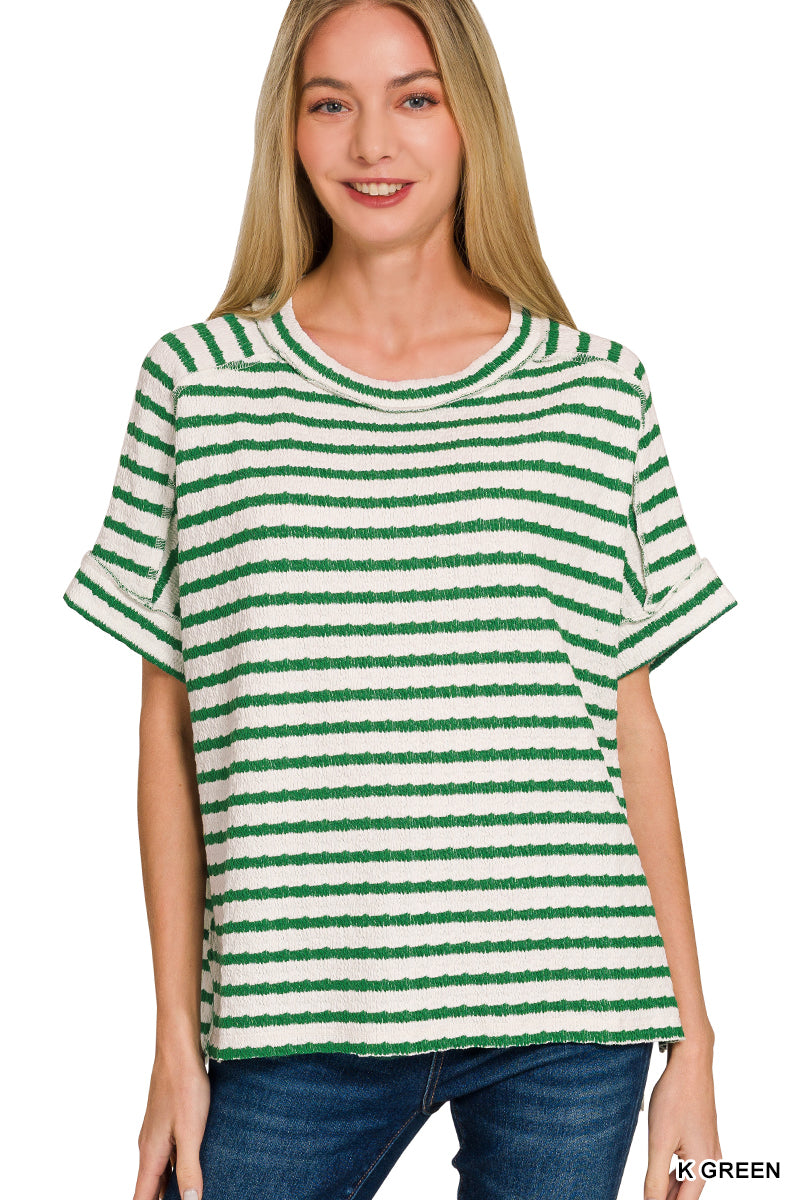 Zenana Striped Jacquard Round Neck Tee