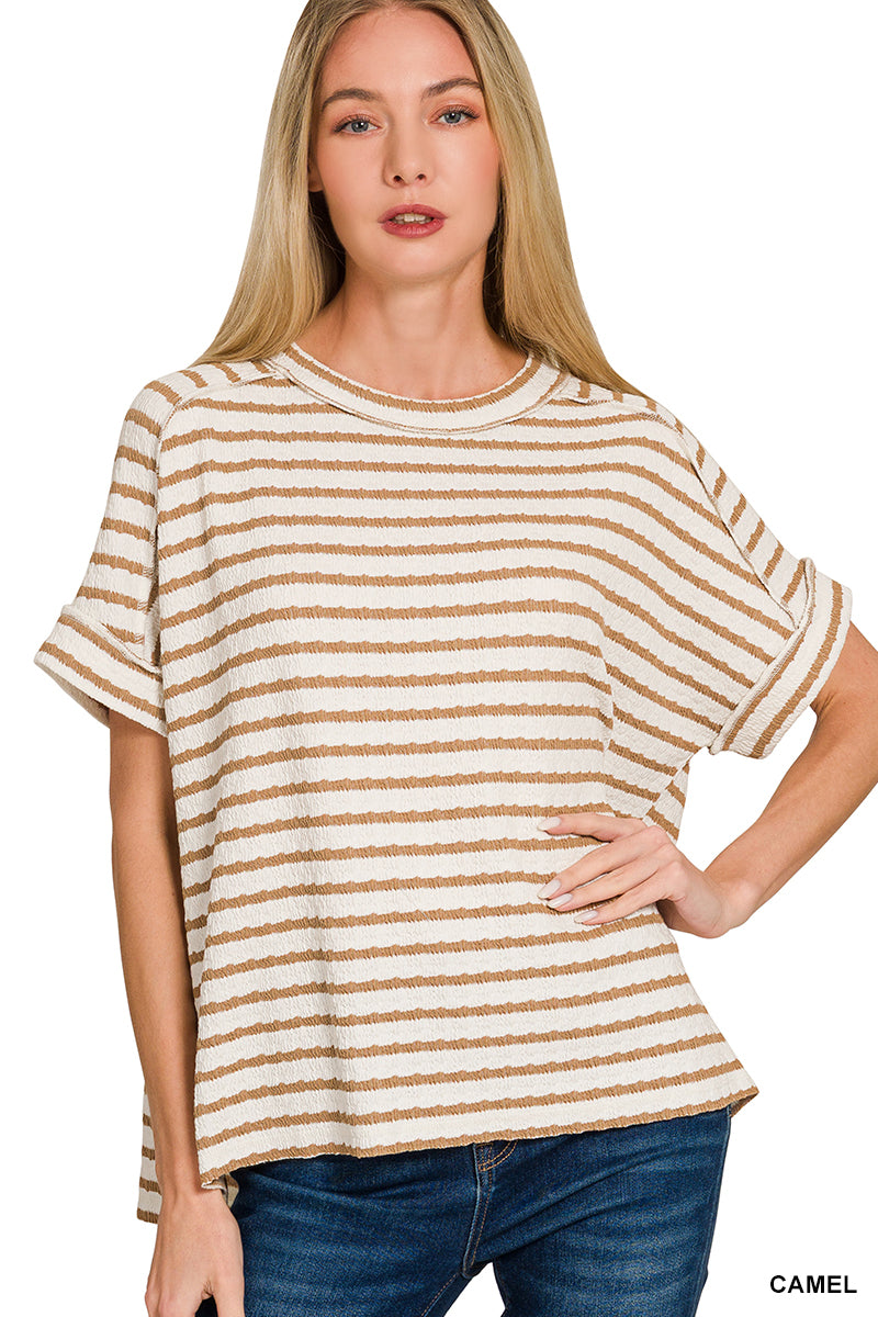 Zenana Striped Jacquard Round Neck Tee