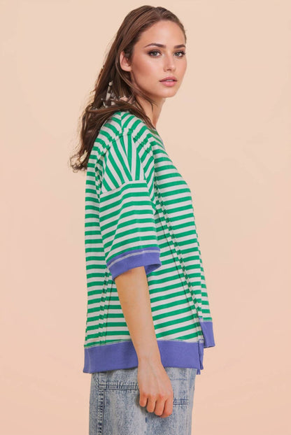 NT12481-Oversized Stripe Casual Knit Top: SEAFOAM/PINK / S-M-L/2-2-2