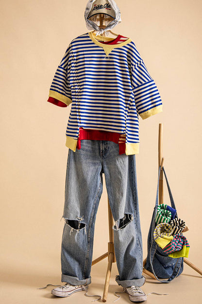 NT12481-Oversized Stripe Casual Knit Top: SEAFOAM/PINK / S-M-L/2-2-2