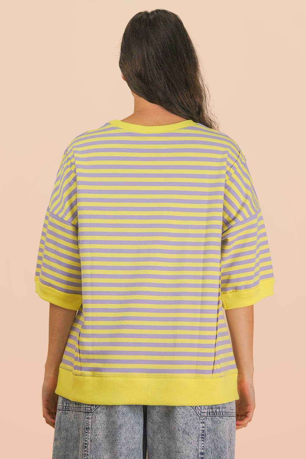 NT12481-Oversized Stripe Casual Knit Top: SEAFOAM/PINK / S-M-L/2-2-2