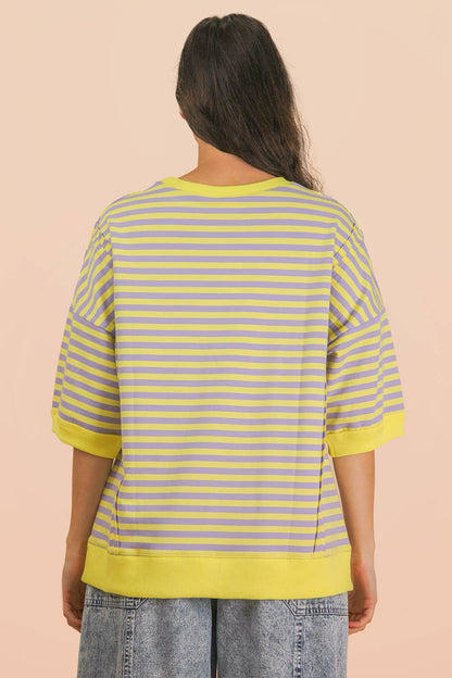 NT12481-Oversized Stripe Casual Knit Top: BLUE/CREAM / S-M-L/2-2-2