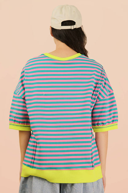 NT12481-Oversized Stripe Casual Knit Top: SEAFOAM/PINK / S-M-L/2-2-2