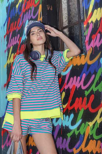 NT12481-Oversized Stripe Casual Knit Top: BLUE/CREAM / S-M-L/2-2-2