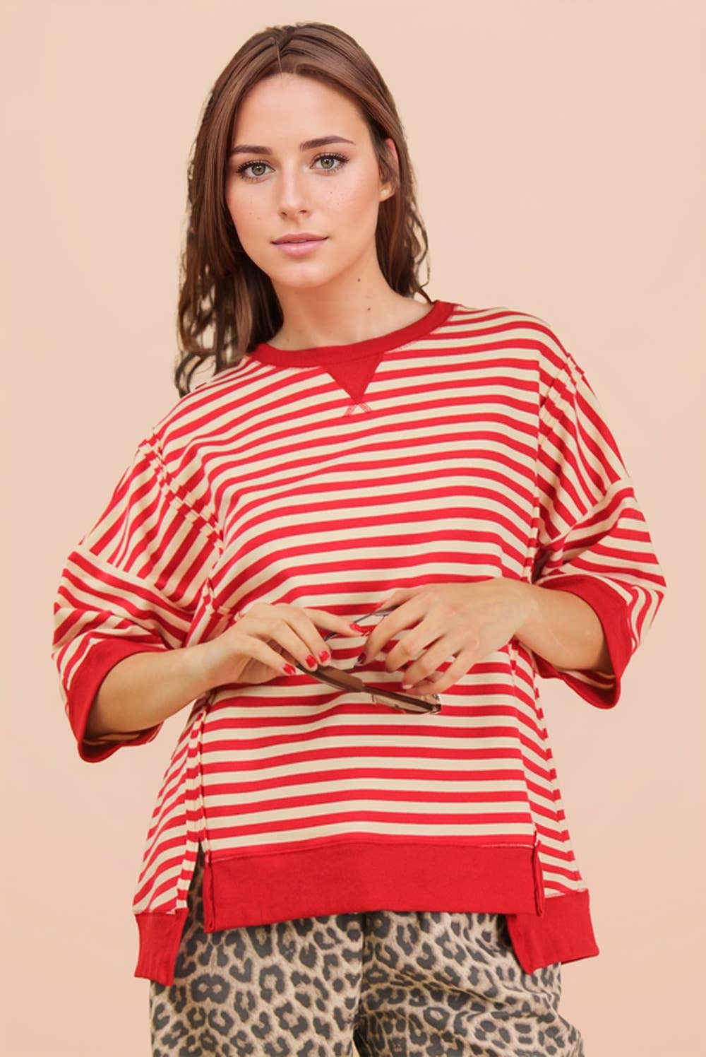 NT12481-Oversized Stripe Casual Knit Top: SEAFOAM/PINK / S-M-L/2-2-2