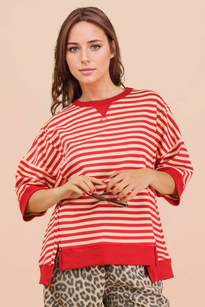 NT12481-Oversized Stripe Casual Knit Top: BLUE/CREAM / S-M-L/2-2-2