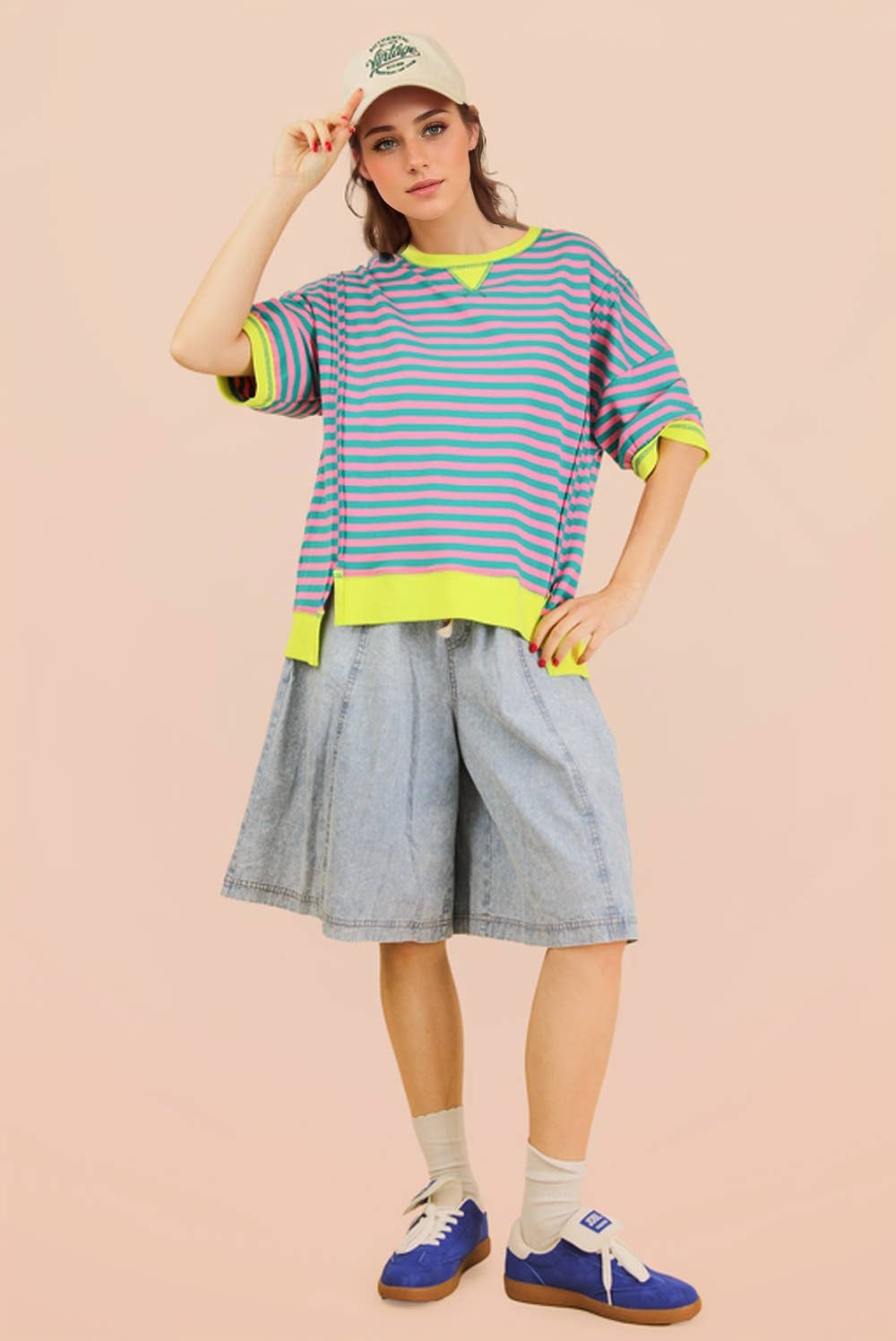 NT12481-Oversized Stripe Casual Knit Top: BLUE/CREAM / S-M-L/2-2-2