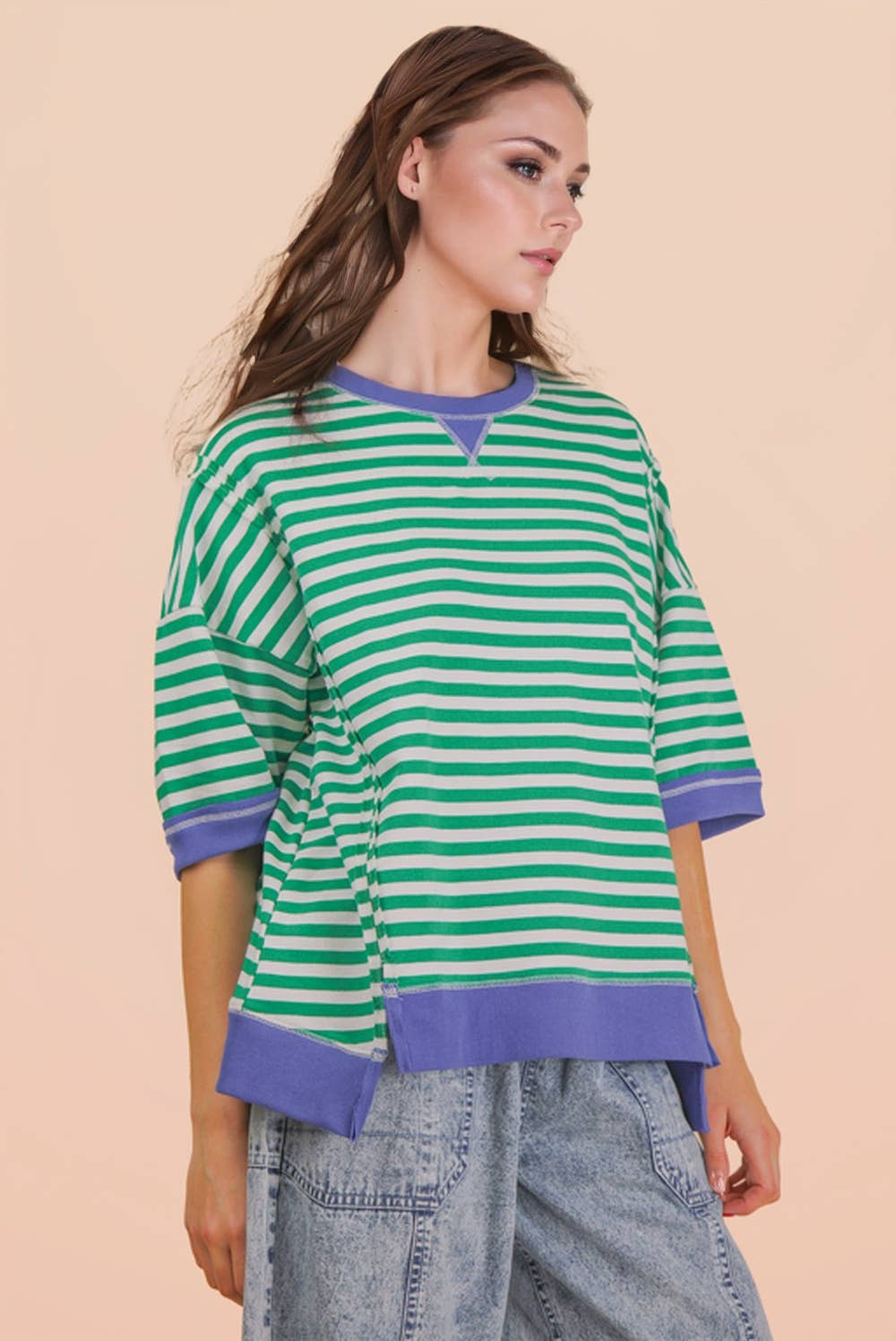 NT12481-Oversized Stripe Casual Knit Top: SEAFOAM/PINK / S-M-L/2-2-2